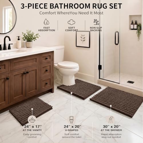 Yimobra Brown Bathroom Rug Set 3 Piece, Super Water Absorbent Bath Mat Set - Image 2