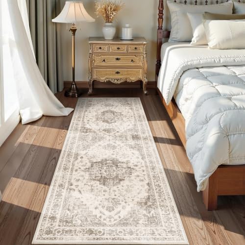 2.6x8 Washable Kitchen Runner Rug Soft Medallion Taupe Throw Carpet - Image 4