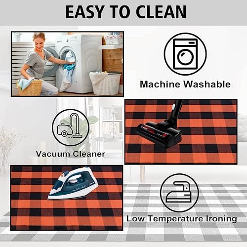 Orange and Black Plaid Rug, 4' x 6' Fall Outdoor Front Door Decor Mat, Cotton Washable Hand-Woven Rug for Layered Doormat, Autumn Halloween Thanksgiving Carpet for Porch, Entryway - Image 5