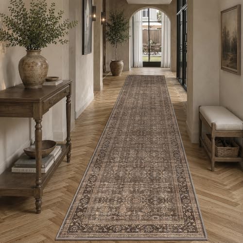 JOOJA 2x12 Brown Vintage Floral Low Pile Non Slip Washable Boho Runner Rug - Image 2
