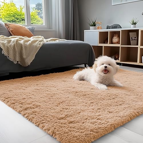 OLANLY 3x5 Machine Washable Small Bedside Rug, Soft Fluffy Shaggy Rugs for Living Room, Bedroom, Indoor Floor Carpet for Kids Girls and Boys, Preppy Dorms, Nursery, Home Decor Aesthetic, Khaki by OLANLY