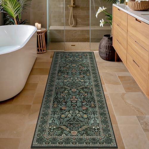 2x5 Runner Rug Non Slip Washable - Small Bathroom Runner Rug Non Slip, Dark Green Floral Pattern Soft Carpet Runner for Entryway Kitchen Bedroom Bedside, Waterproof Mats for Laundry (Olive Green) by Evyhood