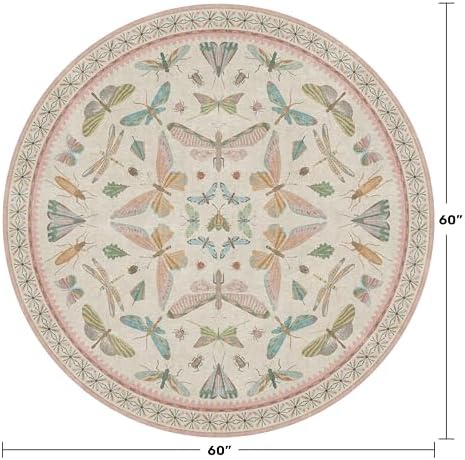 Insect Pink and Blue 5ft Round Area Rug for Living Room - Washable Floral Fun Boho Rugs for Playroom, Girls Bedroom Décor with Butterfly Pattern - Low Pile Soft Circle Carpet - Image 2