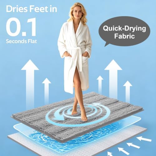 ACCUMTEK Striped Light Grey Bathroom Rug Set 3 Pieces Gray Ultra Soft, Non Slip Chenille Toilet Mat, Absorbent Plush Shaggy Bath Mats for Bathroom, Bedroom, Kitchen - Image 3