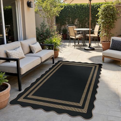 Scalloped Modern Easy Jute Carpet, 4x6 Outdoor Patio Washable Area Rug, Indoor Black Kitchen Rugs Farmhouse Neutral Non Slip Rug for Living Room Patio Entryway - Image 3