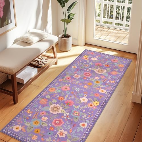 Floral Washable 2x6 Area Rugs Runner Entryway Hallway Purple/Pink - Image 2