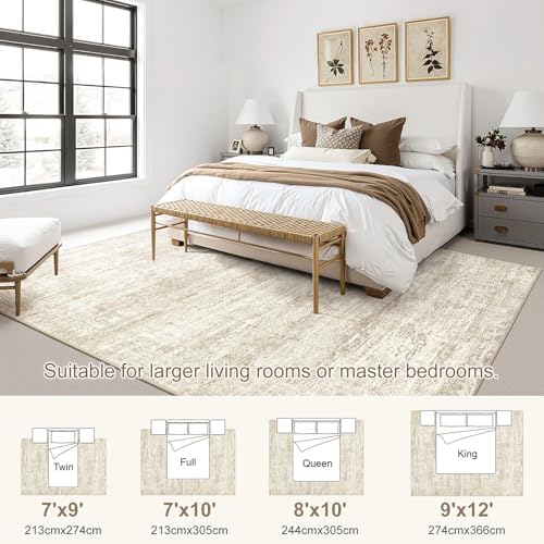 UERMEI 9x12 Washable Area Rug - Neutral Modern Abstract Living Room Rugs, Non-Slip Soft Large Indoor Floor Carpet for Bedroom Home Office & Under Dining Table Decor, Beige/Brown - Image 3