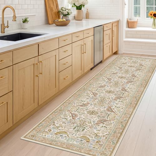 Beige 10 ft Long Vintage Runner Rugs for Hallways - 2x10 Kitchen Runners Non Slip Washable, Low Pile Entryway Rug, with Flowers and Leaves Décor by HazoHaus