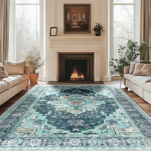BESTSWEETIE Washable Boho 8x10 Area Rug for Living Room, Teal Dark Green - Image 2