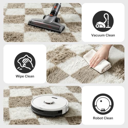 Large Shag Area Rug for Bedroom, 9x12 Ft Beige and White Area Rug Classic Checkered Shaggy Anti-Skid High Pile Soft Fluffy Rug Fuzzy Carpet for Living Room Dorm Home Decor - Image 6