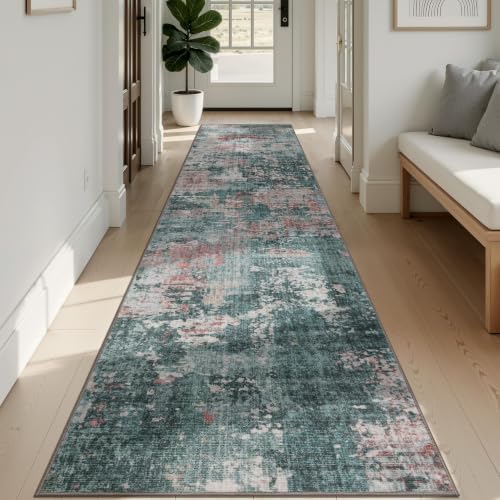 Sasttie 2x12 Runner Rug, Modern Abstract Hallway Carpet, Pink & Green by SASTTIE
