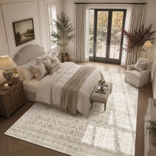 JOOJA 9x12 Beige Vintage Floral Low Pile Non Slip Washable Neutral Area Rug - Image 3