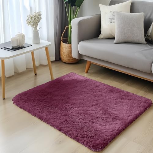 OLANLY 2x3 Machine Washable Small Bedside Rug, Soft Fluffy Shaggy Entryway Throw Rugs for Bedroom, Living Room, Indoor Floor Carpet for Kids Girls Boys, Nursery Rooms, Home Decor Aesthetic, Burgundy - Image 3