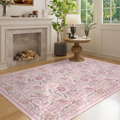 DUKINO 4x6 Area Rug, Washable Vintage Floral Rug for Living Room, Pink - Image 5