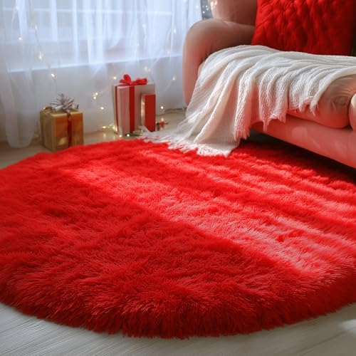 Red Round Rug 4Ft, Area Rugs for Bedroom, Fluffy Circle Carpets Girls Room - Image 2