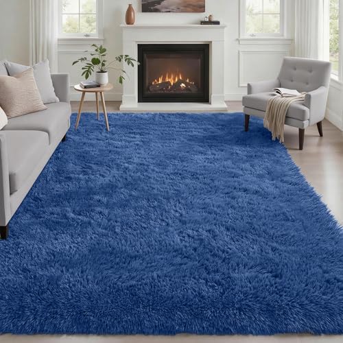 Area Rug Living Room Bedroom: 4x6 Fluffy Plush Shag Carpet Blue by Luxturiy