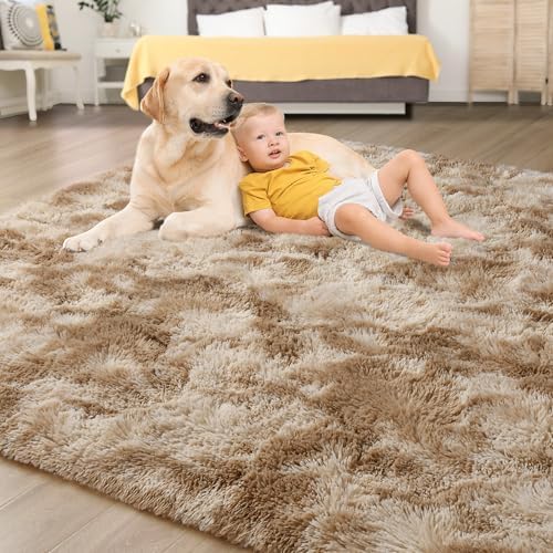 Tepook Fluffy Large Rugs for Living Room, Shag Area Rug 6x9 Soft Carpet for Bedroom, Modern Shaggy Rug for Kids Boys Girls, Plush Indoor Nursery Home Decor Rug with Non-Slip Bottom, Tie-Dyed Beige - Image 4