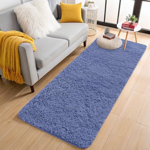 OLANLY 2x6 Machine Washable Runner Rugs for Hallway, Soft Fluffy Shaggy Bedside Rugs for Bedroom, Living Room, Indoor Floor Carpet for Kids Girls and Boys, Home Decor Aesthetic, Denim Blue by OLANLY
