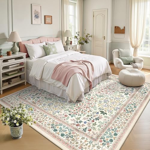 6x6 Square Area Rugs, Machine Washable Low Pile Floral Rugs for Living Room, Bedroom, Large Boho Area Rug with Non-Slip Backing for Dining Room(Pink Floral) - Image 4