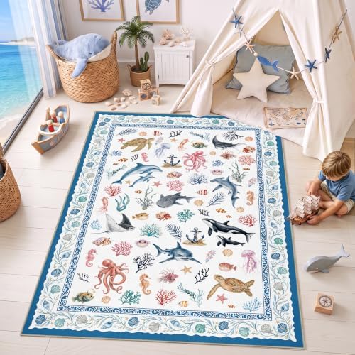 Arenarug Coastal Area Rug 3x5 Washable Ocean Beach Bedroom Rug, Ivory Blue - Image 3