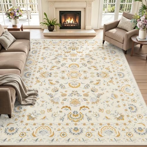 5x7 Area Rug Living Room: Soft Floral Washable Boho Carpet Beige by EXPEDIX