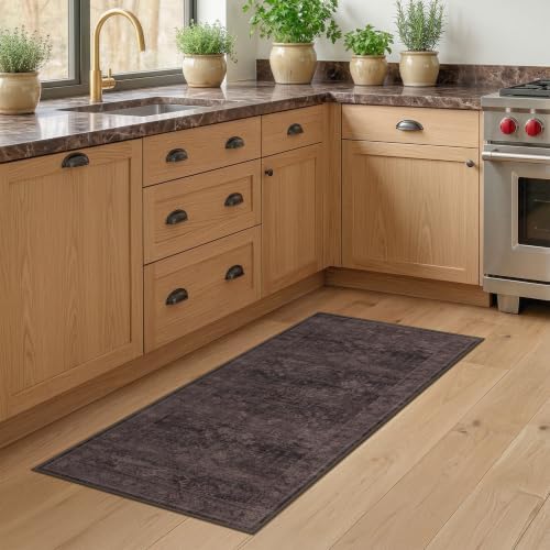 Washable 2x4 Entry Rug for Entryway, Bathroom & Kitchen, Dark Taupe Brown Low Pile Non-Slip Front Door Mat, Vintage Farmhouse Distressed Geometric Accent Rug, Stain Resistant, Easy to Clean - Image 3