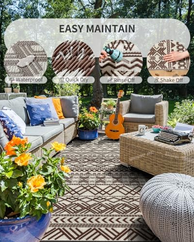 MontVoo-Outdoor Rug Carpet Waterproof 6x9 ft Reversible Patio Rug RV Camping Rug-Plastic Straw Rug Outside Indoor Outdoor Area Rug for Patio Deck Balcony Picnic Beach Outdoor Decor Boho Beige Brown - Image 2