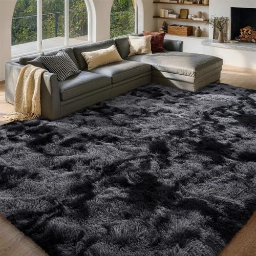 8x10 Non-Slip Fluffy Area Rugs For Living Room (Tie-dye Dark Grey) by FinRe%CC%80cHome