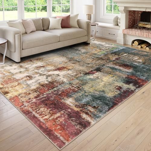 Lahome Modern Abstract 10x14 Area Rugs for Living Room, Large Washable Living Room Rug Low Pile Non Slip, Soft Accent Carpet for Bedroom Dining Room Table Home Decor Use, Red/Multi by Lahome