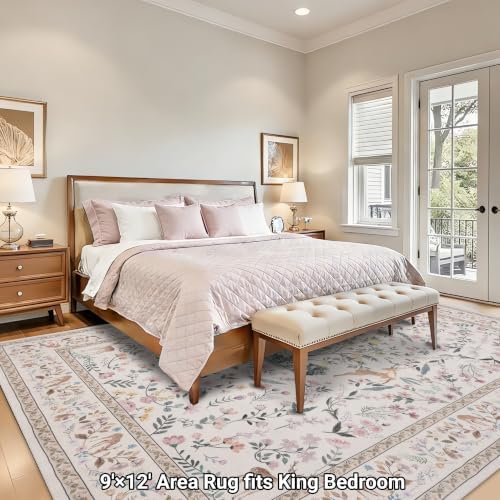 RCTJHOME 9x12 Beige Floral Nursery Kids Washable Area Rug Non-Slip Carpet - Image 3