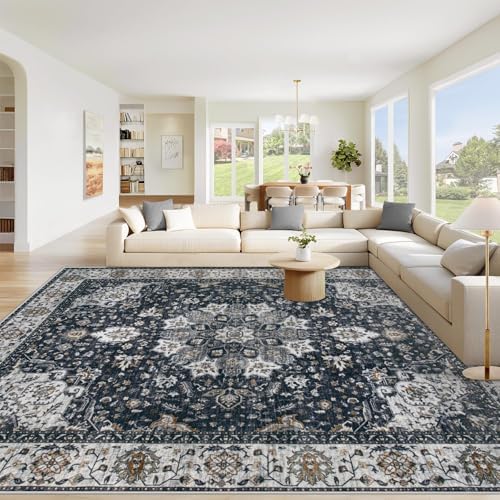 Area Rug 9x12 Washable Rug, Vintage Boho Medallion Rugs Non-Slip Soft Low Pile Large Distressed Rug Indoor Retro Carpet for Living Room Bedroom Dining Room Home Office (Vintage Black, 9'x12') by VECARF
