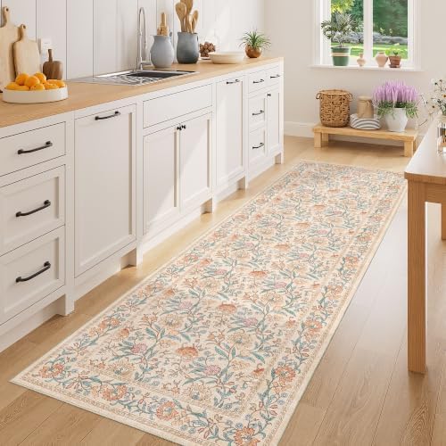 DUKINO 2.6x8 Runner Rug, Washable Vintage Floral Kitchen Runners Rug, Beige - Image 3