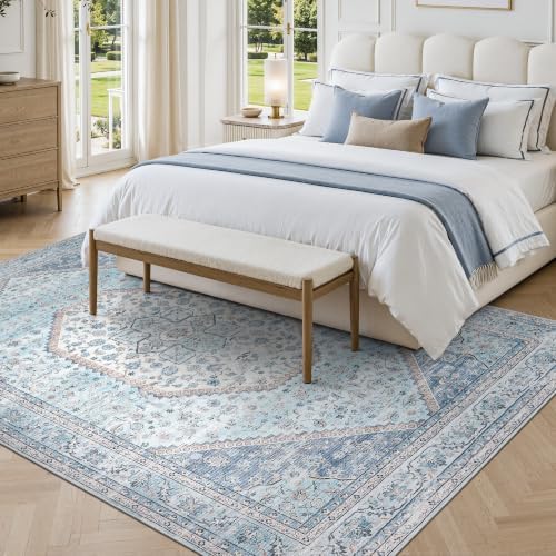 DCX 9x12 Washable Area Rug for Living Room, Non Slip Low Pile Rug, Blue - Image 4