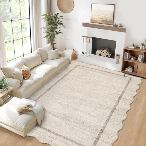 GarveeHome Scalloped Washable Rug 9x12 Area Rug for Bedroom Non Slip, Beige by GarveeHome