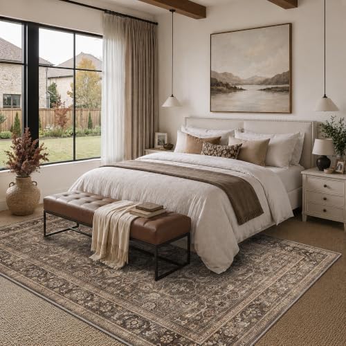 JOOJA 5x8 Dark Brown Vintage Washable Area Rug, Low Pile Living Room Rug by JOOJA