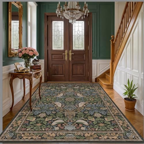 Hazo Haus Vintage Floral & Bird Washable Area Rug 5x7 - Dark Green Traditional Forest Distressed Antique Rugs for Living Room, Bedroom, Dining Room, Non-Slip Stain Resistant Low Pile - Image 3