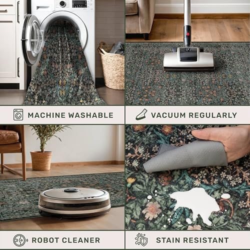 Dark Green Washable 3x12 Extra Long Runner Rug for Hallway Non Slip, Large Kitchen Indoor Floor Rugs for Entryway Hall Way Bedroom, Soft Stain Resistant Low Pile Vintage Floral Carpet - Image 4