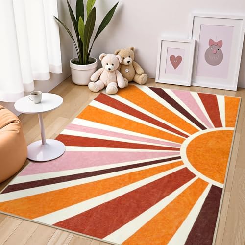 LIVEBOX Retro Sun Rug 4x6 Large Boho Rug for Bedroom Indoor Office,Machine Washable Throw Area Rug Floor Mat,Non-Slip Orange Carpet Extra Soft Nursery Rug for Kidsroom - Image 2