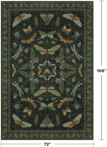 6x9 Dark Green Area Rugs for Dining Room - Rugs for Living Room, Bedroom Under Bed, Insect Moth Floral Non Slip Low Pile Floor Carpet - Image 2
