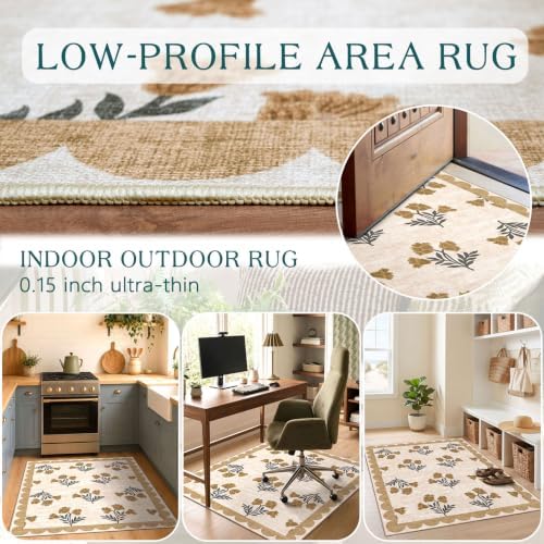 3x4 Floral Entry Rug - Small Washable Indoor Outdoor Mats for Front Door Non-Slip Porch Rug Beige Vintage Farmhouse Throw Rugs for Living Room Bedroom Entryway Kitchen Office Porch Decor - Image 5