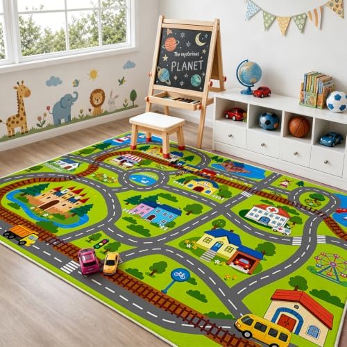 5x7 Ft Car Rug Play Mat for Kids, Non Slip Car Train Track Rug Town City Road Map Playmat for Children, Washable Carpet for Boy Playroom Bedroom - 60"x84" - Image 5