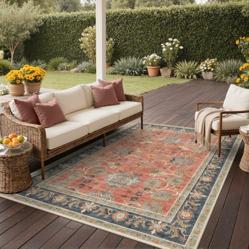 GENIMO Indoor Outdoor Rug, Washable for Patio and Deck, Rust Blue, 5x8 - Image 3