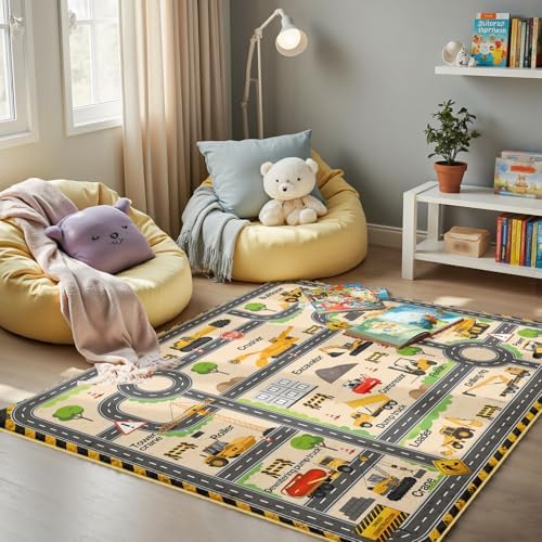 Kids Construction Playroom Rug, Faux Wool Excavator Map, Non-Slip, 4 x 6 ft - Image 2