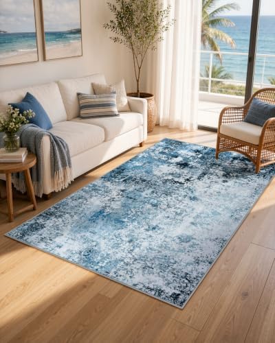 Lahome Blue Rug, 5x7 Washable Rug,Cool Modern Abstract Carpet for Boys Room - Image 3