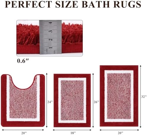 Pauwer 3 Piece Bathroom Rug Set, Non Slip Washable Bath Mat, Red - Image 2