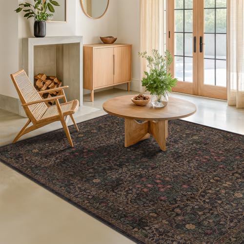 Dark Brown Washable 5x7 Area Rugs for Living Room, Entryway, Non-Slip Soft Rugs for Bedroom, Dining Room, Home Office, Black Brown Floral Vintage Cottage Indoor Carpet Décor, Low Pile Stain Resistant - Image 3