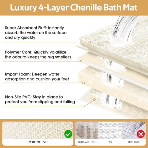 ACCUMTEK Striped Ice Cream Bathroom Rug Set 3 Pieces Ultra Soft, Non Slip Chenille Toilet Mat, Absorbent Plush Shaggy Bath Mats for Bathroom, Bedroom, Kitchen - Image 5