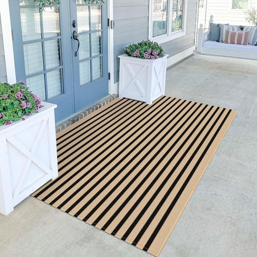 KILOCOCO Striped Rug 4x6 ft Washable Woven Front Door Rug, Brown and Black by Kilococo