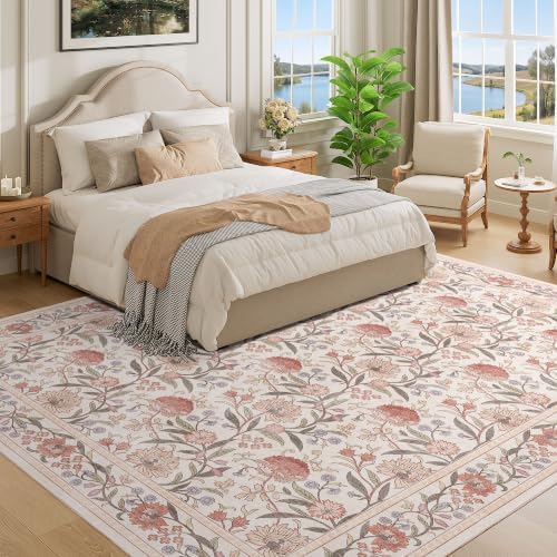 DUKINO 8x10 Area Rug Vintage Floral Washable Rug for Living Room Beige Pink - Image 3