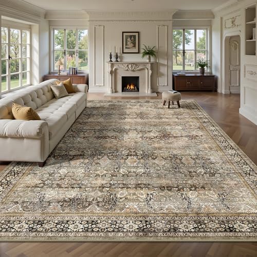 9x12 Area Rugs for Living Room - Washable Vintage Retro Large Rug, Soft Ultra Thin Non Slip Low Pile Traditional Distressed Boho Carpet for Bedroom Dining Room Home Office, Charcoal Olive by Yarooge